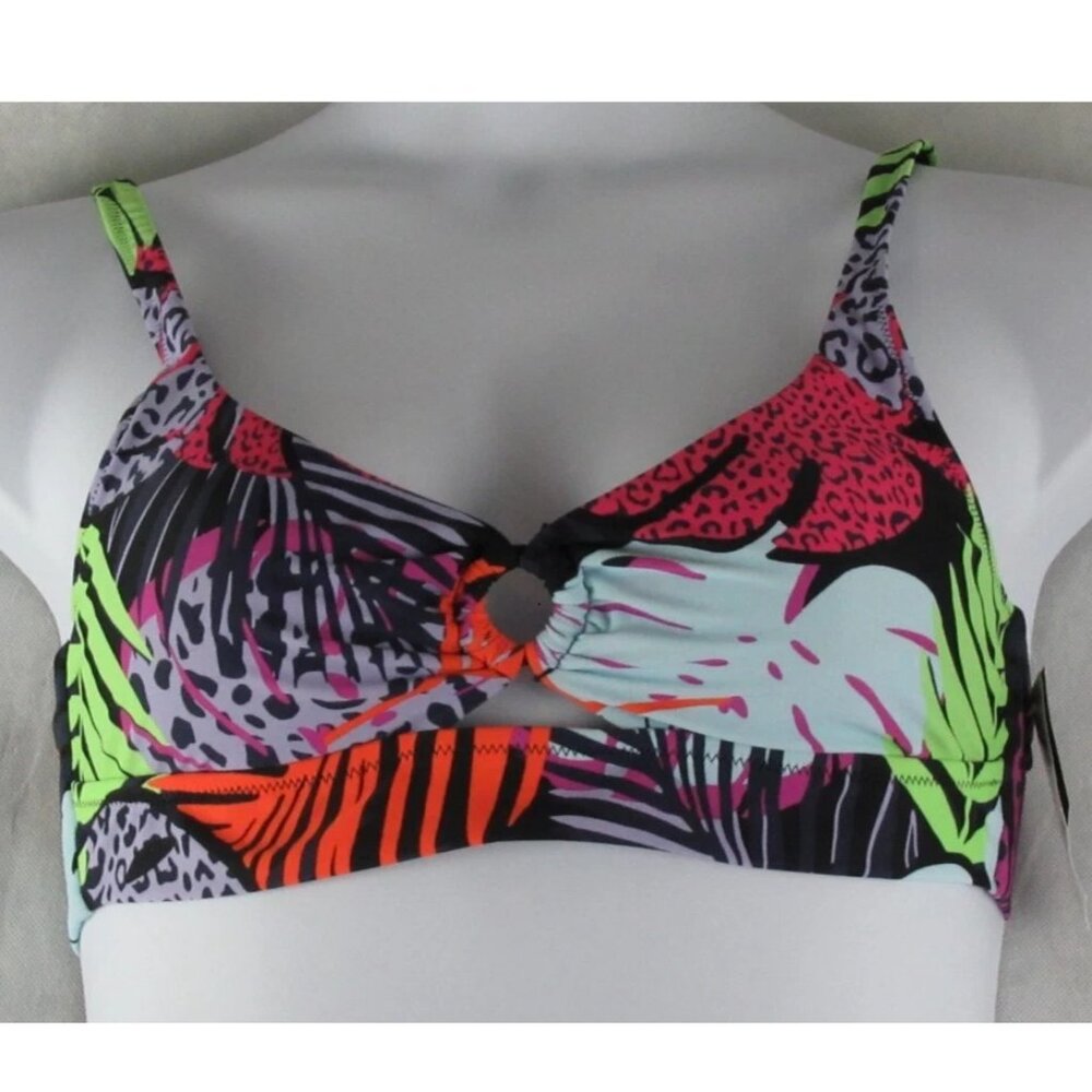NWT Bar III Women's O-Ring Bikini Top Swimsuit, Palm Prowl Multicolor, Large